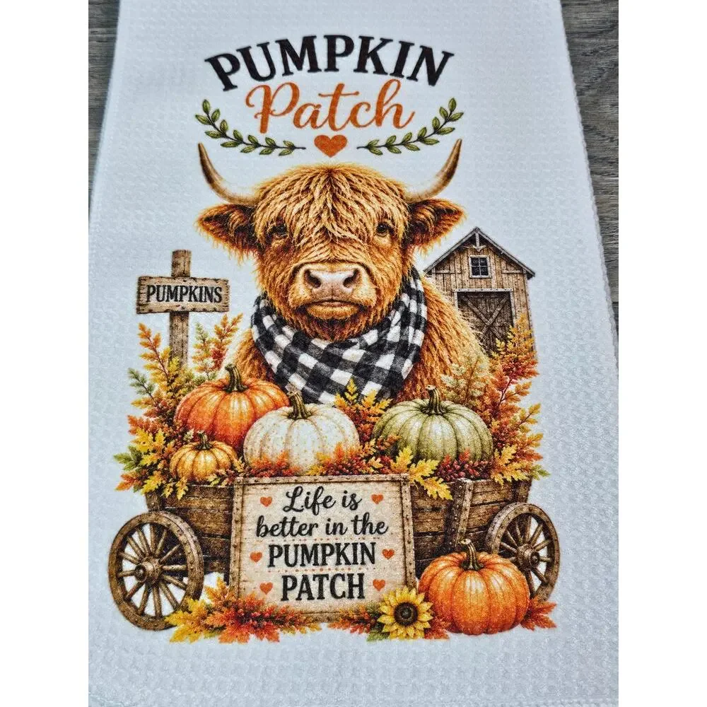 Highland Cow Pumpkin Patch Kitchen Towel Fall Farmhouse Decor
